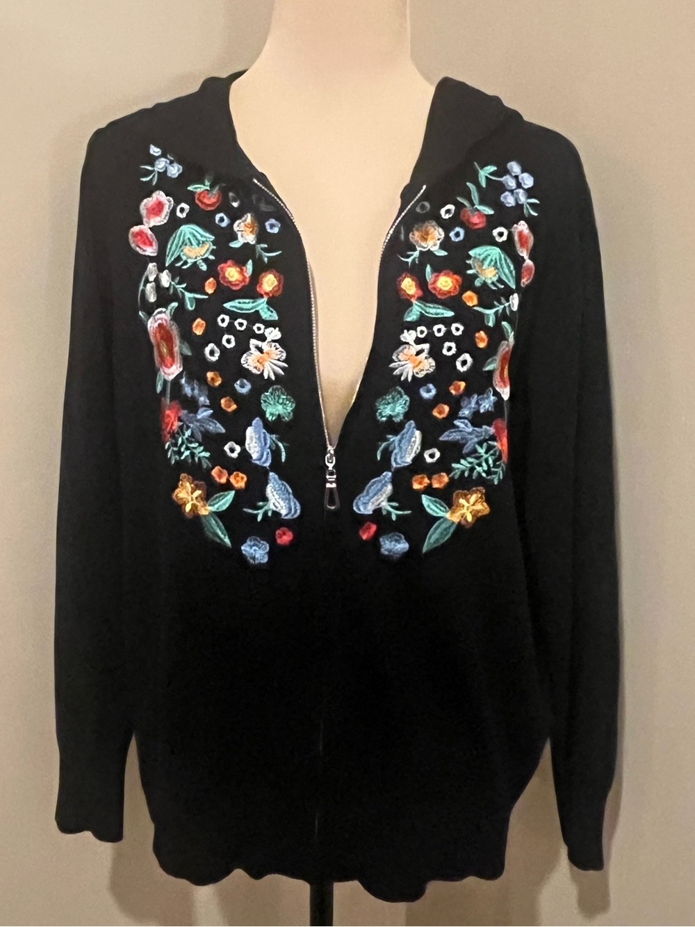 Milano Black Full Zip Hoodie with Colorful Floral Embroidery, Large
